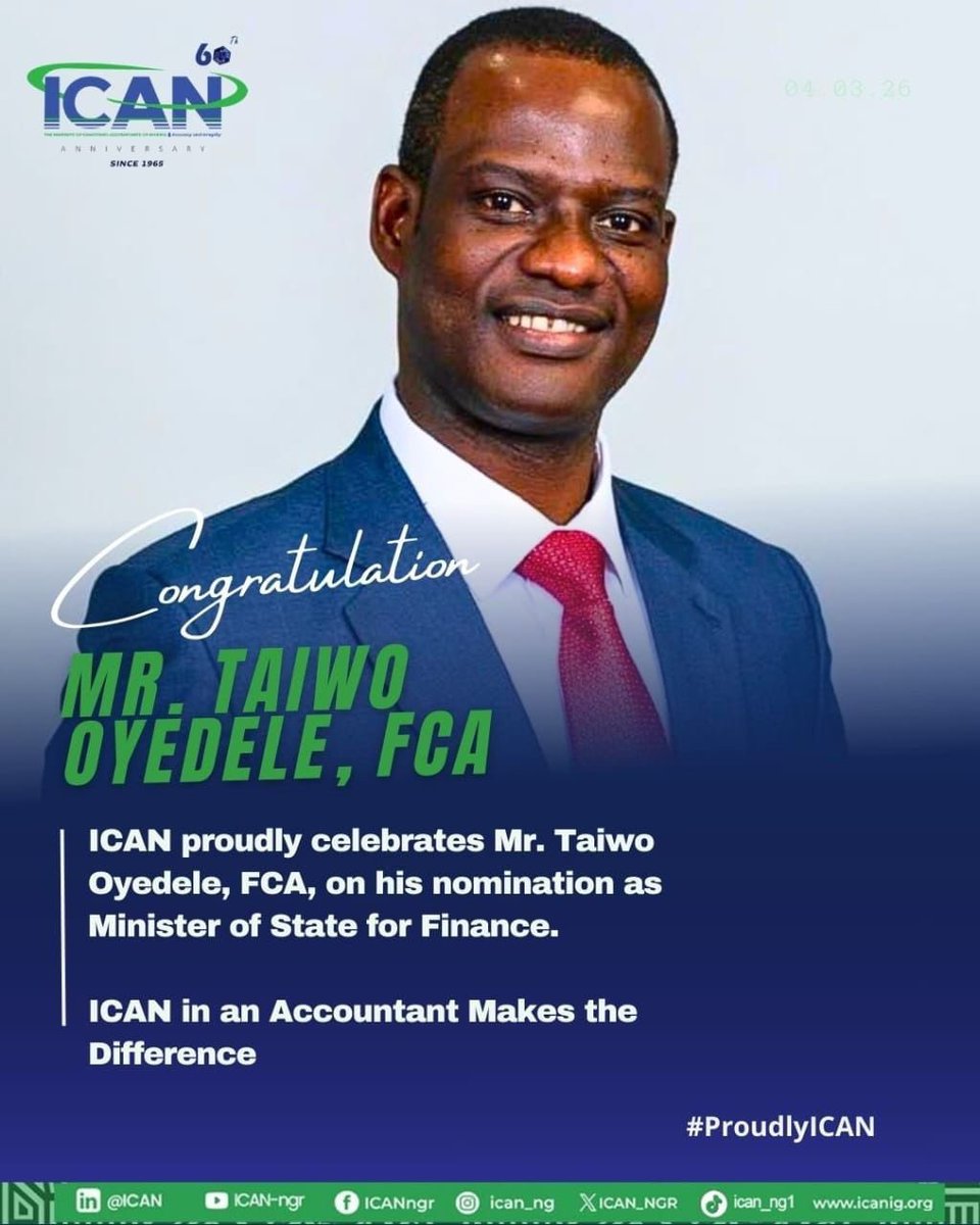 Big congratulations to Mr. Taiwo Oyedele, FCA on his nomination as Minister of State for Finance.

From leading the reform of Nigeria’s tax system to taking on this national assignment, this is impact in motion.

We are proud of our own.
#ProudlyICAN