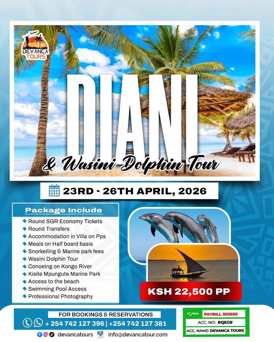 The Magic of the South Coast! 🌊✨

🏝️ Diani + Wasini Island Getaway
𝐃𝐚𝐭𝐞𝐬: 23rd-26th April 
Price : 22,500 KES

N/B: Lipa Pole Pole Accepted