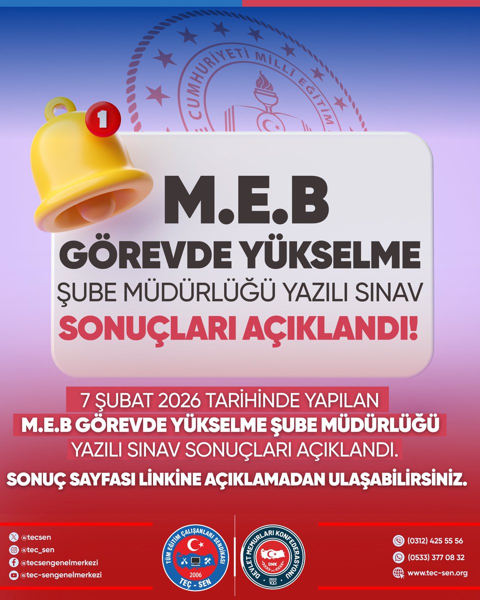 7 Şubat 2026 Tarihinde Yapılan M.E.B. Görevde Yükselme Şube Müdürlüğü Yazılı Sınav Sonuçları Açıklandı.

meb.gov.tr/meb-tasra-tesk…