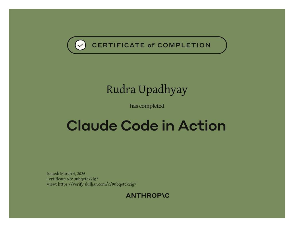 Rudu0806's tweet photo. 🚀 Proud to announce that I've successfully completed Claude Code  

✨️ Strengthening my expertise in Al-powered development and next-generation coding systems.

 The future belongs to those who build with Al-and I'm building it.

💠 - Rudra Upadhyay

#ClaudeCode https://t.co/PF4nqXiLIo