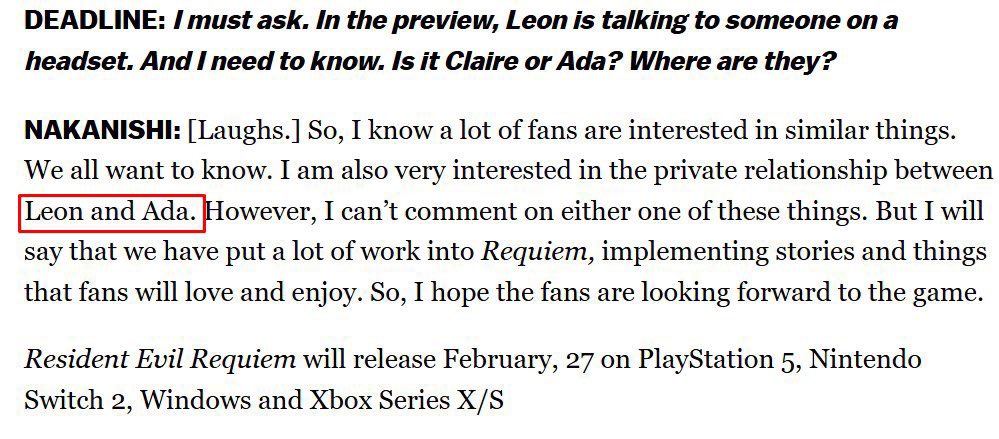 Ada and Aeon haters wanna downplay Nakanishi’s words when the funniest part is that he wasn’t even asked about Aeon in the question.😂 He brought it up all by himself.😂 And that’s precisely why it’s actually meaningful.💍🤭

#Aeon #ResidentEvilRequiem #LeonScottKennedy #AdaWong