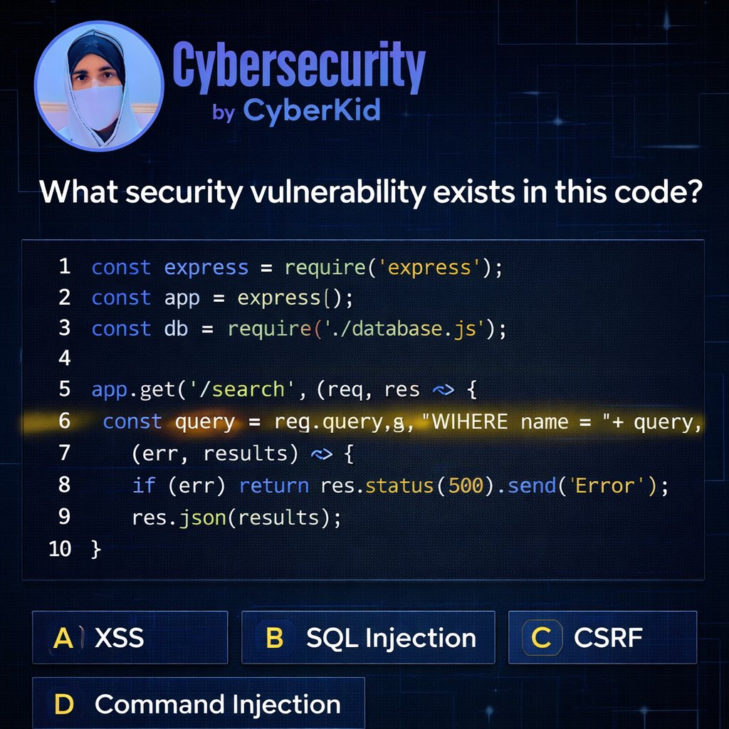 Anastasis_King's tweet photo. 🔎 Spot the Vulnerability!

Can you find the security issue in this code?

A) XSS
B) SQL Injection
C) CSRF
D) Command Injection

Comment the correct answer 👇

#cybersecurity #infosec #ethicalhacking #bugbounty #securecoding #programming #hackingchallenge https://t.co/hgkLq5lw5i