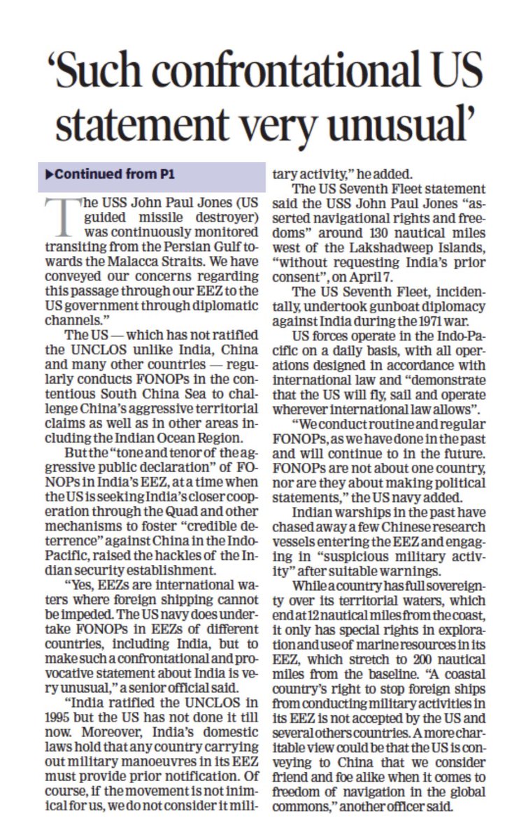 #BlastFromThePast When in April 2021, I reported that India had angrily responded to provocative US Navy's #FONOP operations without consent in Indian EEZ!