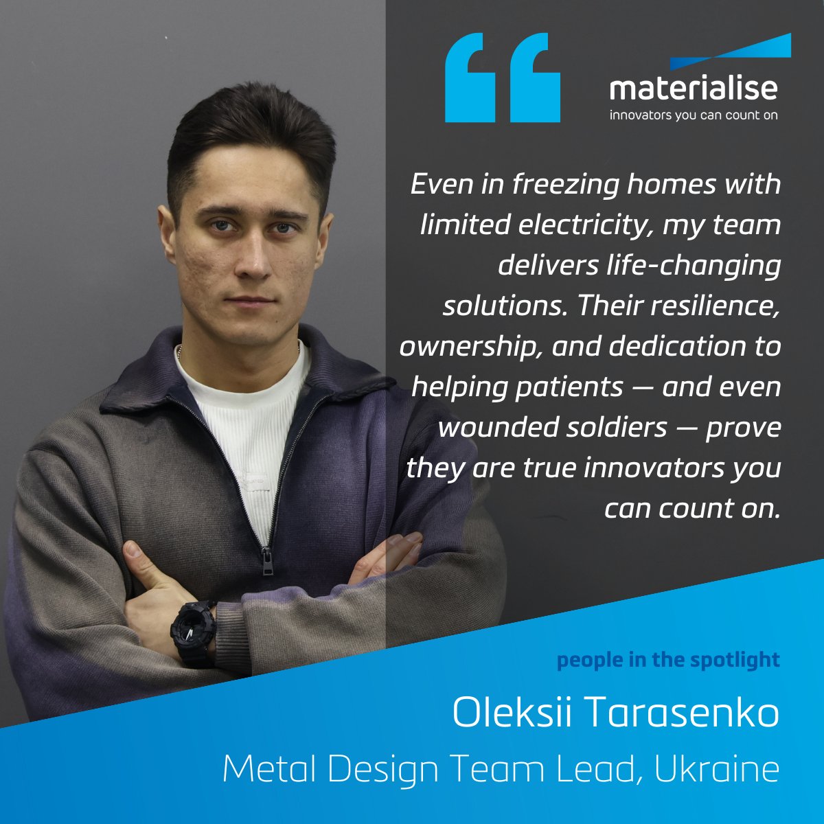 MaterialiseNV's tweet photo. The metal design team in Ukraine faces power outages and extreme temperatures, from 10 to  -20°C. To support them, we’re launching a solidarity campaign that triples every euro raised by our local offices. We’re proud of them and stand with Ukraine. https://t.co/HkKNZrkrLq