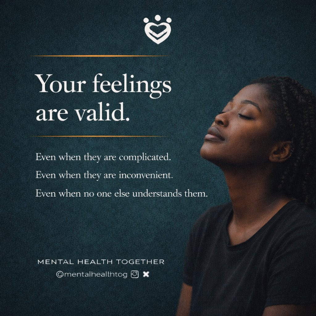 mentalhealthtog's tweet photo. You have spent so long questioning them. Measuring them against other people's pain. Wondering if they are too much or not enough or justified or real.

They are real.

You do not need a reason good enough for your feelings to deserve space. You do not need to explain them before you are allowed to have them. You do not need anyone's permission to feel what you feel.

Your feelings are valid, complicated, inconvenient, unexplainable and all. 🌿

Save this for the days when you forget. Share it with someone who needs to hear it today.
.
.
.
#YourFeelingsAreValid #EmotionalValidation #MentalHealthNigeria #YouAreNotAlone #AfricanMentalHealth #MentalHealthMatters #NaijaWellness