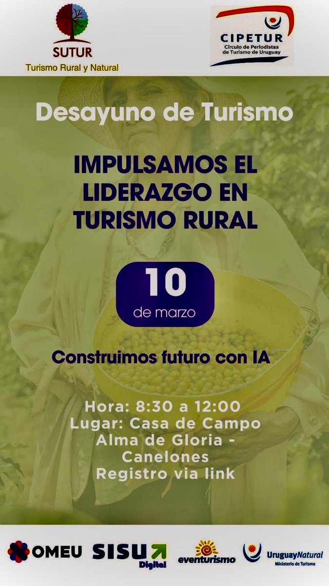 DESAYUNO DE TURISMO
Invitan: <a href="/cipetur/">Cipetur</a>  &amp; <a href="/ruralynaturaluy/">SUTUR</a> 
En el marco del Mes de la #Mujer y en consonancia con la declaración de la #ONU que designó al 2026 como Año Internacional de la Mujer Agricultora (Mujer Rural) Cupos limitados
🔗 Registro: 

docs.google.com/forms/d/e/1FAI…