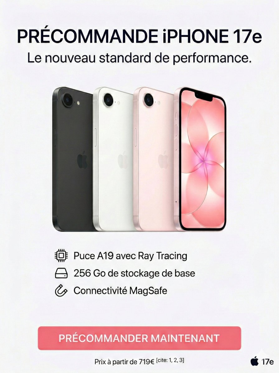 AubaineX's tweet photo. 🚨 Alerte précommande ! L'iPhone 17e (Puce A19, 256Go) à 719€ va partir en quelques minutes. La machine parfaite pour le jeu mobile. 🎮 Foncez avant la rupture !
👉 Lien : https://t.co/KKsAfimjA2
#iPhone17e #Apple #TechFrance https://t.co/ORmMliUn0V