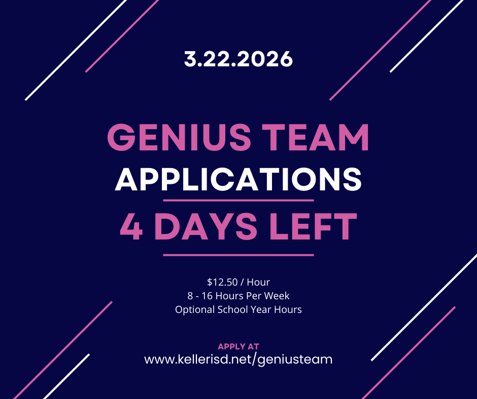 KISDGeniusTeam's tweet photo. 4️⃣more days to apply for the 2026-2027 Keller ISD Genius Team! 💡
Open to Keller ISD Freshman-Juniors. Apply here by March 22:➡️https://t.co/zMGUqvq5WZ
@EdTechKISD
#EdTechKISD https://t.co/nQfFsWwLCW