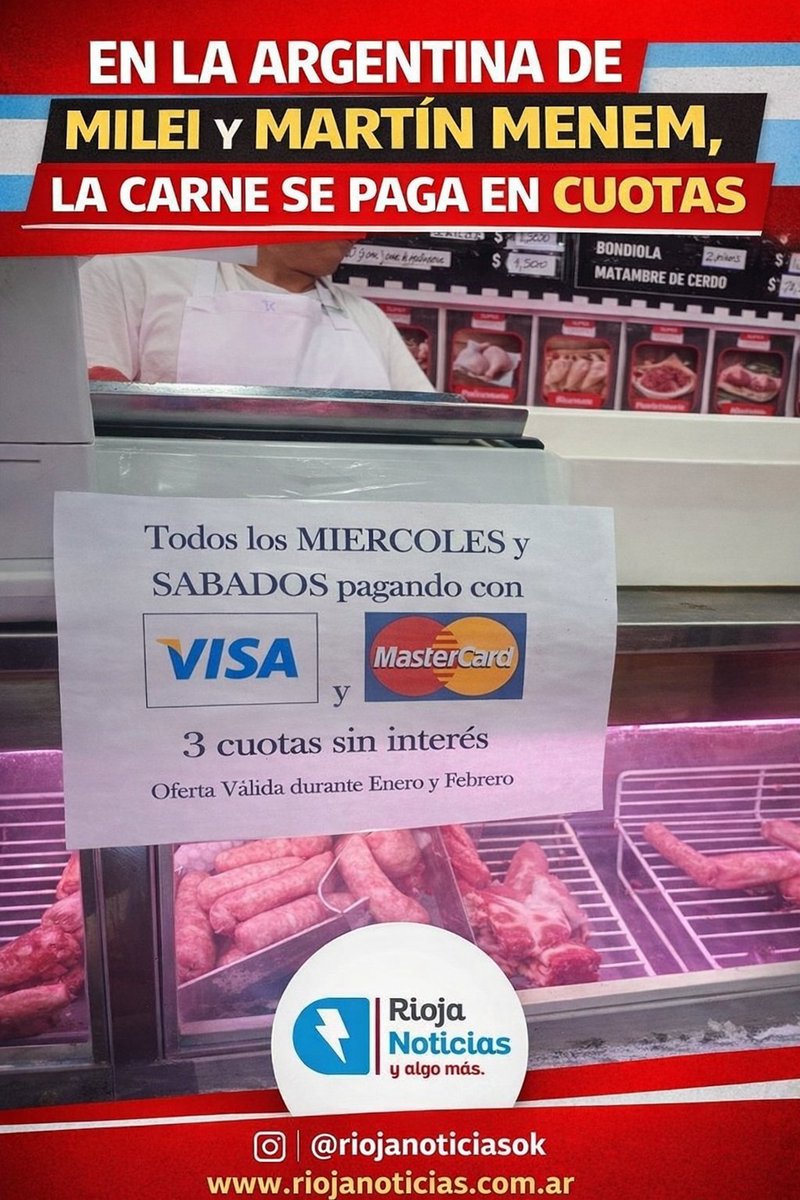 EN LA ARGENTINA DE <a href="/JMilei/">Javier Milei</a> y <a href="/MenemMartin/">Martin Menem</a>,  AHORA HASTA LA CARNE SE PAGA EN CUOTAS

En la Argentina del “milagro libertario”, la postal de todos los días se vuelve cada vez más cruda. En una humilde carnicería de barrio ya no alcanza con elegir el corte: ahora la carne también se