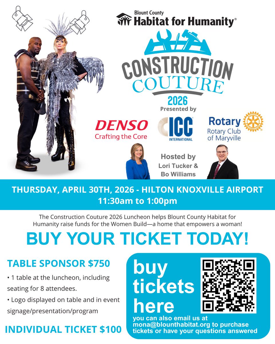 BlountHabitat's tweet photo. Looking for a fun way to give back to our community? Tables for Construction Couture 2026 are on sale! Eight people eat a tasty lunch on April 30th while watching a grand fashion show where the outfits are made from construction material.

Book here - https://t.co/OMXIiPg1rD https://t.co/trtJKnwkA1