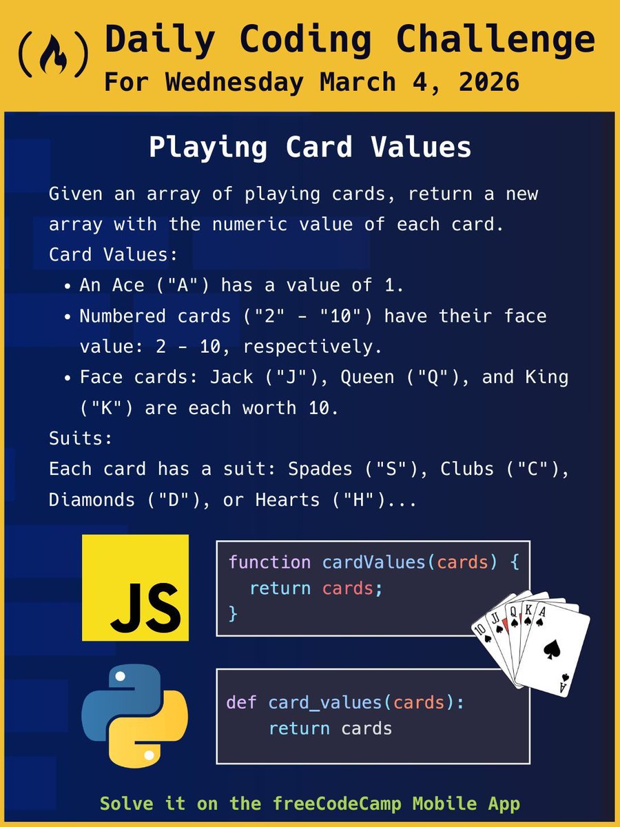 For today's coding challenge, you'll get an array of playing cards ...