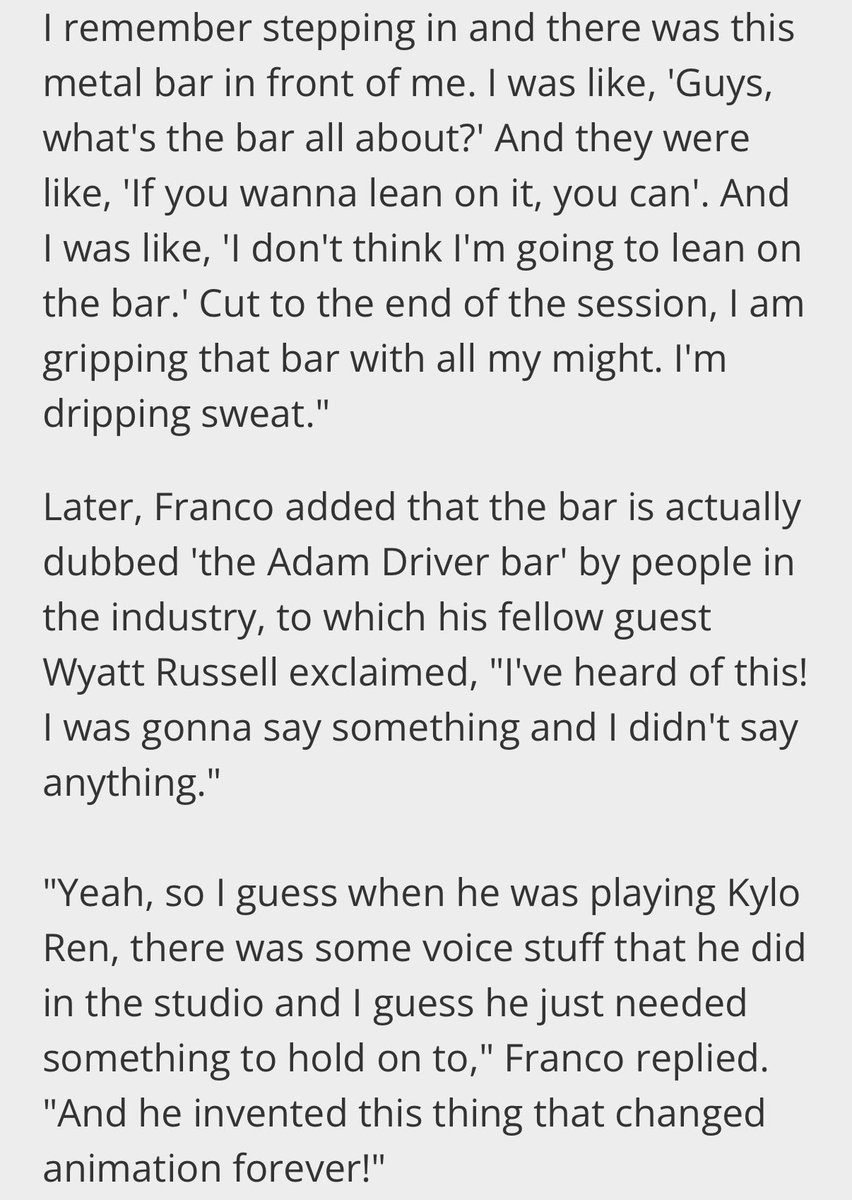 adamdrivercentl's tweet photo. “the bar is actually dubbed 'the Adam Driver bar' by people in the industry”[..]”when he was playing Kylo Ren, there was some voice stuff that he did in the studio &amp; I guess he just needed something to hold on to [..] he invented this thing that changed animation forever!" https://t.co/F72gCdp6GC
