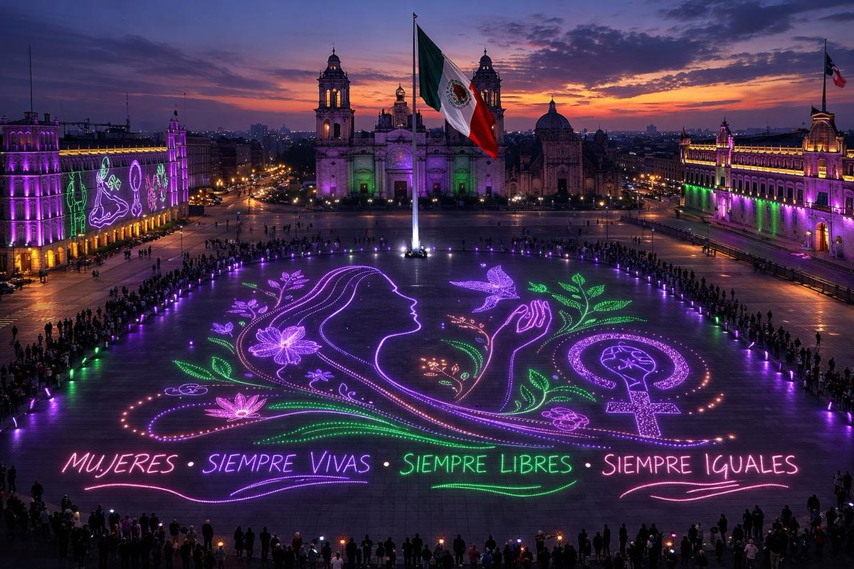 🟣🟣🔴 #CDMX | Por primera vez, el Zócalo capitalino será escenario de una iluminación monumental que formará una frase conmemorativa en la plancha principal.

Este 8 de marzo, el corazón del país se iluminará con el mensaje: “Mujeres, siempre vivas, siempre libres, siempre