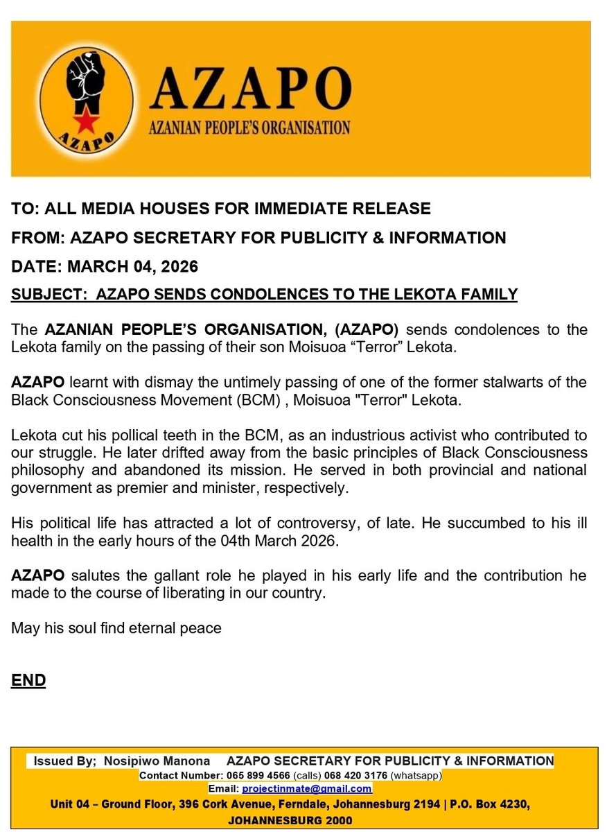The AZANIAN PEOPLE’S ORGANISATION, (AZAPO) sends condolences to the  Lekota family on the passing of their son Moisuoa “Terror” Lekota.  

AZAPO learnt with dismay the untimely passing of one of the former stalwarts of the Black Consciousness Movement (BCM) , Moisuoa "Terror"