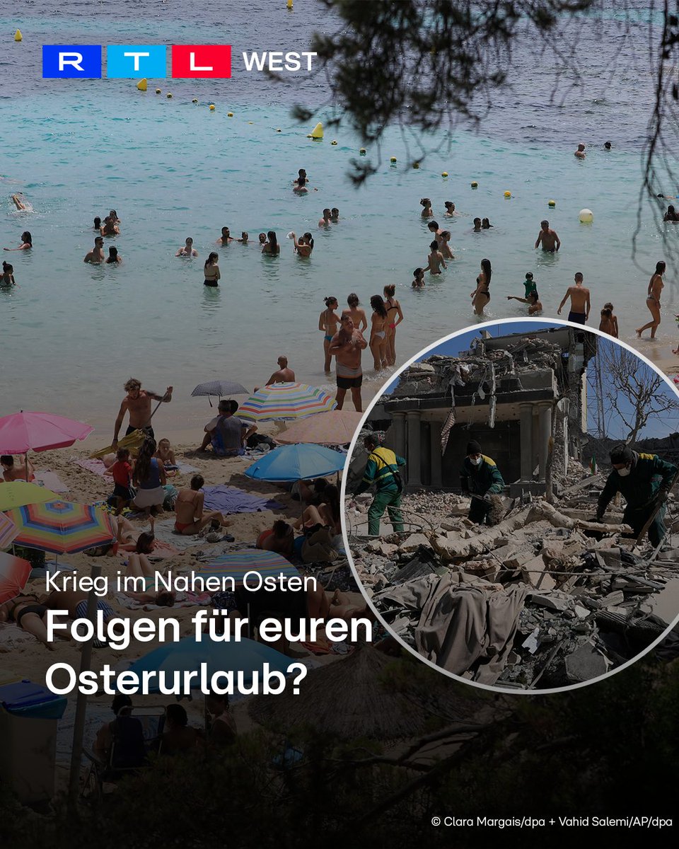 RTLWEST's tweet image. Der #Krieg im Nahen Osten sorgt wenige Wochen vor #Ostern für große Verunsicherung bei Urlaubern. Viele fragen sich: Ist ein #Urlaub in bestimmte Regionen sicher? Die beliebten Reiseziele #Ägypten, #Zypern oder der #Türkei liegen in der Nähe der Kriegsregion. Für sie gibt es