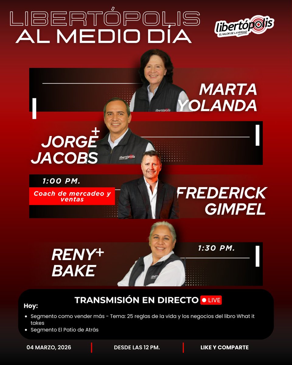 libertopolis's tweet image. HOY en #LibertopolisAlMedioDia

• Cómo vender más: reglas de vida y negocios con Frederick Gimpel
• El Patio de Atrás con @RenyMariane 

Con @MYDDA @jjliber 

🕛 Desde las 12:00 P.M.
#Negocios #Ventas #ActualidadG