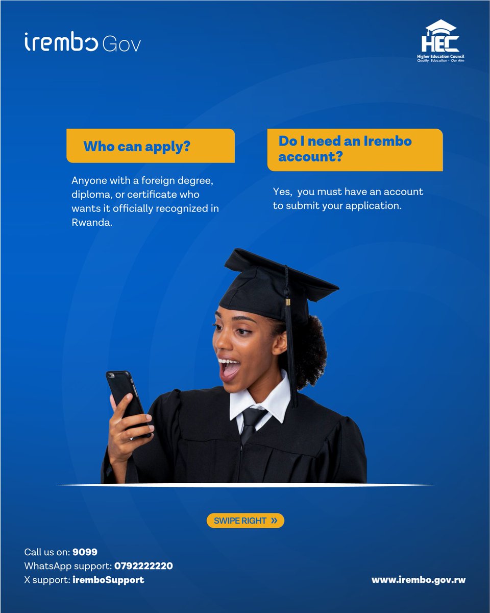 IremboGov's tweet photo. Getting your foreign degree recognized in Rwanda doesn’t have to be frustrating. Swipe to learn the documents required before applying for the Equating Foreign Qualifications (Higher Education) service. https://t.co/FNN3zNWRiI