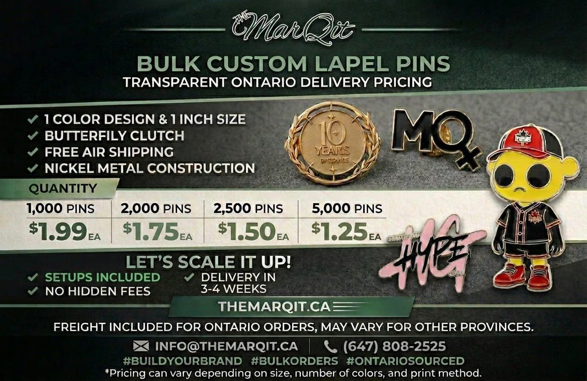 mar_qit's tweet image. Custom lapel pins starting at $1.99.

✔ Nickel metal construction
✔ Free air shipping
✔ No hidden fees

Perfect for teams, events &amp;amp; brands.

themarqit.ca

#CustomPins #PromotionalProducts #Branding #BulkOrders #BuildYourBrand