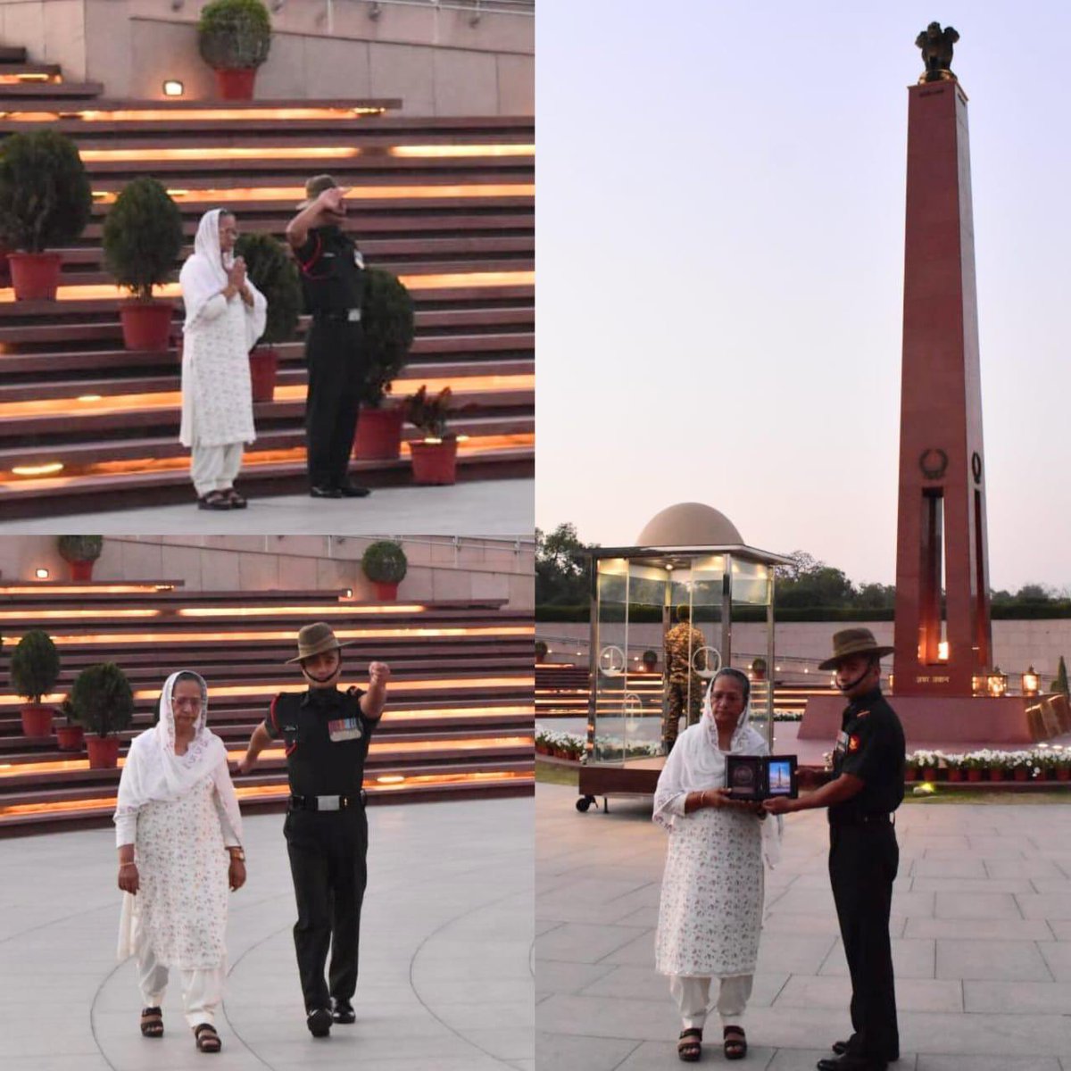 salute2soldier's tweet photo. The #VeerNari Mrs Krishna Devi W/o Nb Ris Late Jaswant Singh, #65ArmdRegt, laid wreath and paid homage at #AmarJawanJyoti in #NationalWarMemorial during the Next-of-Kin ceremony. Nb Ris Jaswant Singh, made #Supreme #Sacrifice as a peacekeeper during #OpPawan in #SriLanka. https://t.co/ctwM1GPjTZ