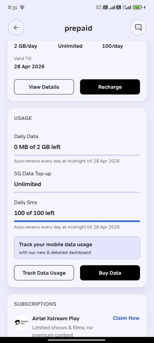 bataffl3ck's tweet photo. @airtelindia guys how is my data is exhausted if I'm using 5g all the time with unlimited 5g plan https://t.co/MSes3oWaMJ