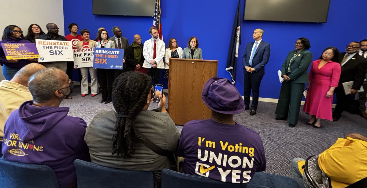 SEIU_Virginia's tweet photo. BREAKING: @GhazalaHashmi @AGJayJones &amp; @JeionWard join frontline workers and community leaders from @virginia_naacp @TheArcofVA @NewVAMajority @CareInActionUS to call for collective bargaining rights for ALL hard-working Virginians, including home care and higher ed workers! https://t.co/TgZGTraRIw