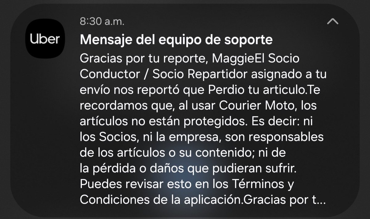 maggieayuda's tweet photo. 3/3 

Y hoy, 15 días después del incidente, @Uber_MEX me contacta para decirme que el socio conductor perdió mi artículo y que debo recordar que ellos no son responsables. En otras palabras, me cobraron para robarme y no hay nada más qué hacer. #Estafa #Robo #Fraude https://t.co/iSpQVbRLXY