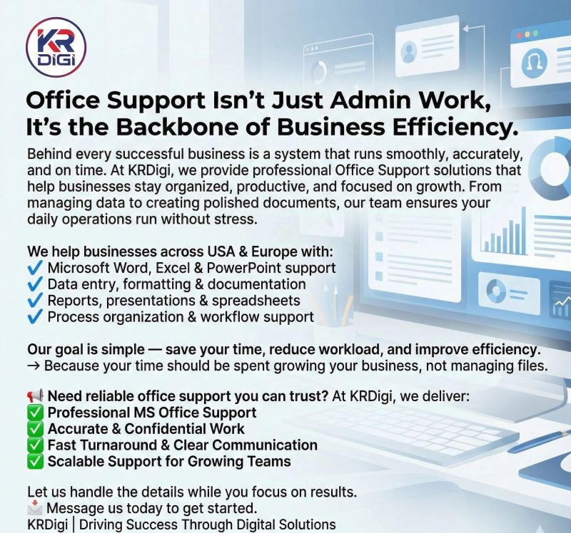 krdigi_'s tweet image. Office support is the backbone of efficiency.
KRDigi helps teams stay organized with MS Word/Excel/PowerPoint, data entry, reports, presentations, and workflow support. Save time, reduce workload, scale smoothly.
DM us 
or 
Visit: krdigi.com

#KRDigi #OfficeSupport