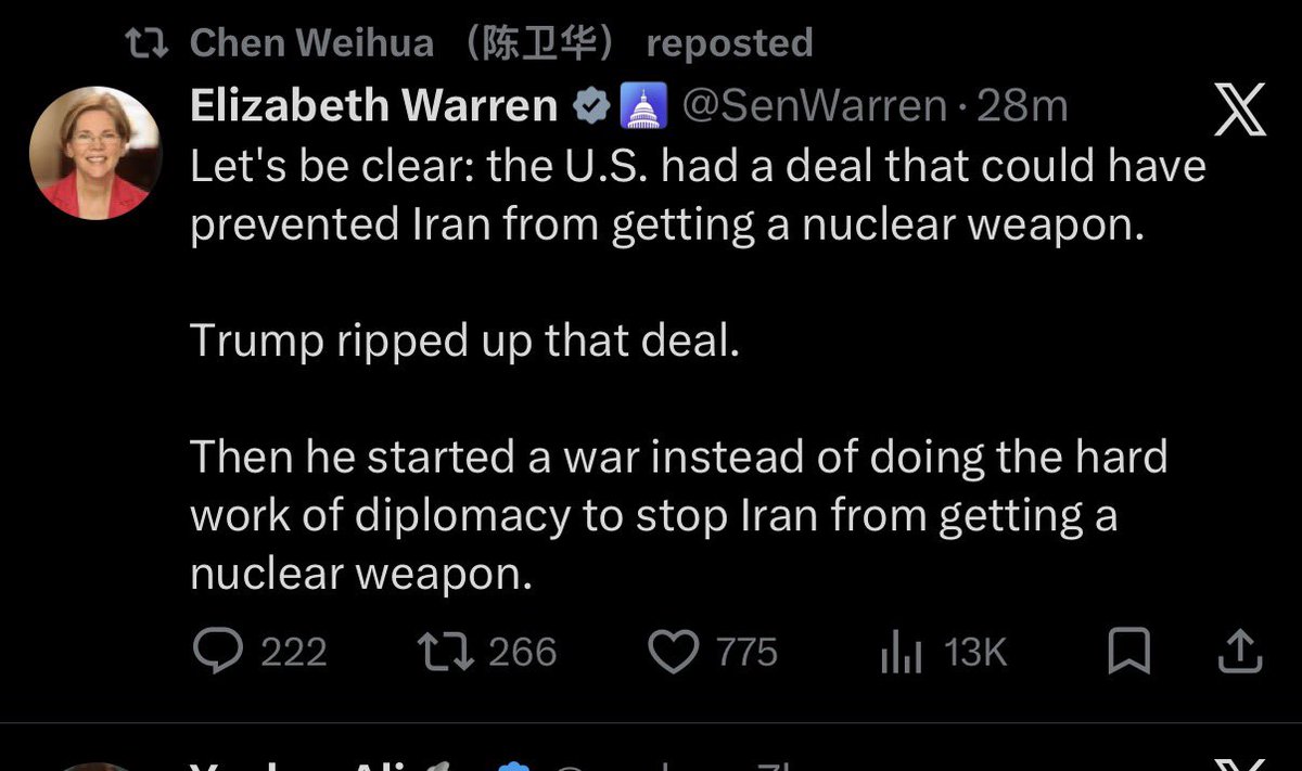 <a href="/SenWarren/">Elizabeth Warren</a> <a href="/chenweihua/">Chen Weihua （陈卫华）</a> a US Senator getting reposted by CCP propagandists.