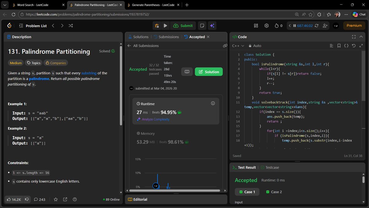 's tweet image. Day 134: Palindrome Partitioning
Backtracking + Palindrome check
Try every substring, choose if palindrome, backtrack
#LeetCode #Backtracking #Recursion