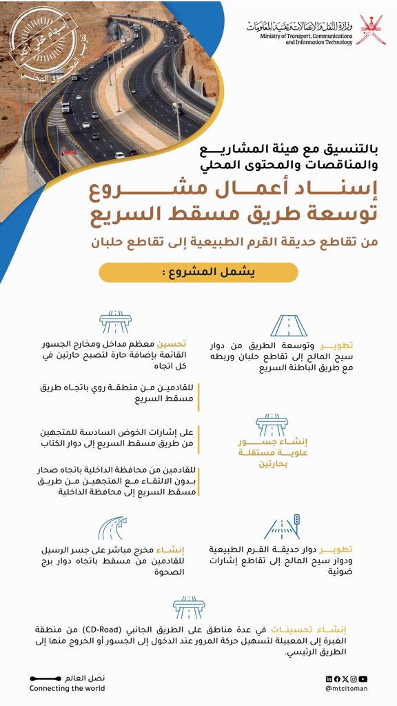 teleghraph_om's tweet photo. 🔹بقيمة 157.2 مليون ريال عُماني
إسناد أعمال مشروع توسعة طريق مسقط السريع https://t.co/BbOihzlrkX