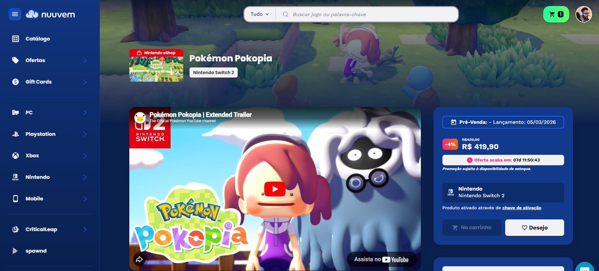 Pokémon Pokopia lança amanhã e já tá rolando desconto na versão digital na <a href="/nuuvem/">Nuuvem.com</a> !

Está saindo por R$419,90, parcelado em até 6x de R$69,99 sem juros, com cashback pra usar na sua próxima compra! Fica a dica ai! #NintendoSwitch 

Compre aqui: cutt.ly/AtRd7mec