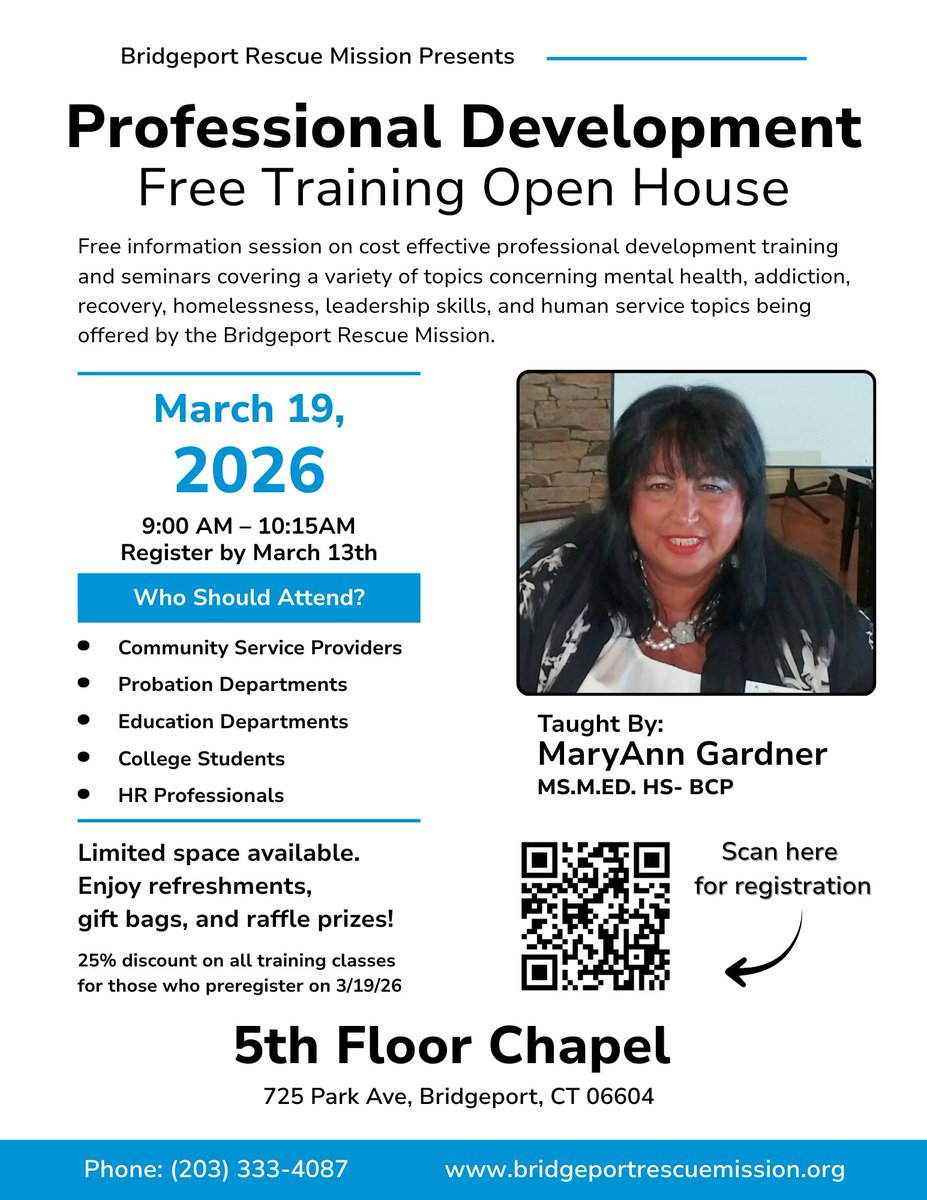 BptMission's tweet photo. Attend our Free Professional Development Training Open House on March 19, 2026 (9:00–10:15 AM) to explore cost‑effective training opportunities in mental health, recovery, homelessness, leadership, and human services. Register by March 13th. Sign up here: https://t.co/GJc42FefYd https://t.co/MRy36JLIzs