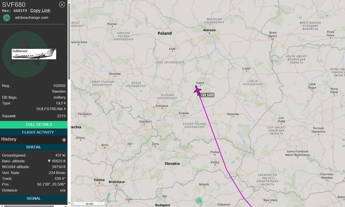 PolishMilRadar's tweet photo. 📅 04.03 🕒 16:10LT - 🇸🇪✈️ Gulfstream S102B Korpen tranzytem
🇸🇪 Siły Powietrzne Królestwa Szwecji
✈️ Gulfstream S102B Korpen "102002"
🛫 Bukareszt #LROP 🇷🇴
🛬 Nieznane (prawdopodobnie Baza Lotnicza Malmen #ESCF 🇸🇪)
#SVF680 leci na wysokości 40 tys. stóp (12 192 metrów)
🔗 https://t.co/d7nbijzeym
#POLMILRADAR