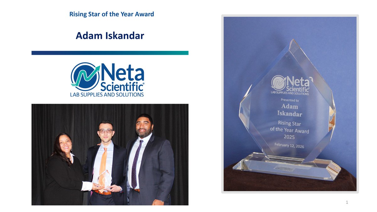 NetaSci's tweet photo. Congratulations to Adam Iskandar for winning the Rising Star of the Year Award. He led the team in customer visits and tradeshow leads and 13 exclusive on-site shows—driving growth while exemplifying our values and “The Neta Way.”

#NetaScientific  #LifeSciencesPARTNERSHIPS https://t.co/eO6RnrEVpA