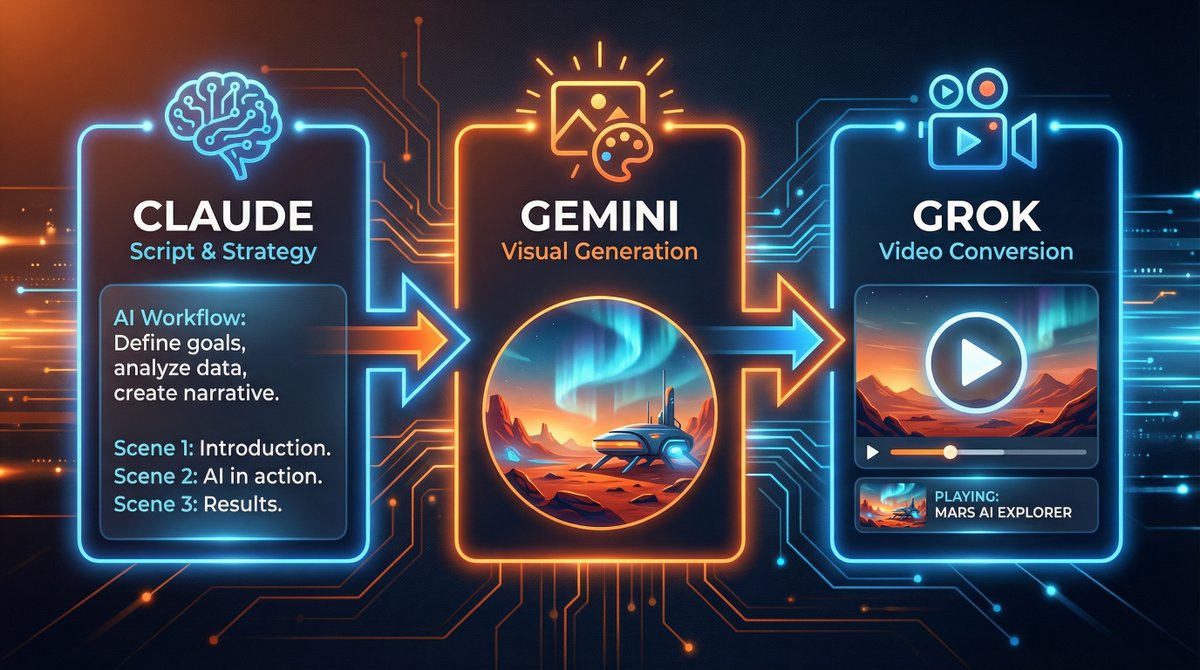 ampratyay's tweet photo. A short video on "How to Terraform Mars"—the entire thing built using AI. 🤯

Here's the workflow:

🧠 @AnthropicAI Claude → full script, captions, metadata, production tips  
🎨 @Google Gemini → generated visuals (comet impacts, atmosphere formation, Mars transformation)  
🎬 @xAI Grok → turned images into cinematic video clips