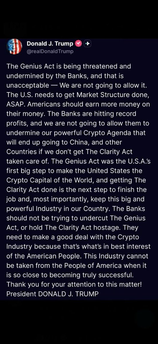 Kraken gains access to the Fed's payment system.

Trump openly berates the BANKS to get CLARITY passed.

This would have blown the expectations of even the most bullish evangelists of 2017 out of the water.

Crazy how many people in crypto are giving up on the eve of victory.