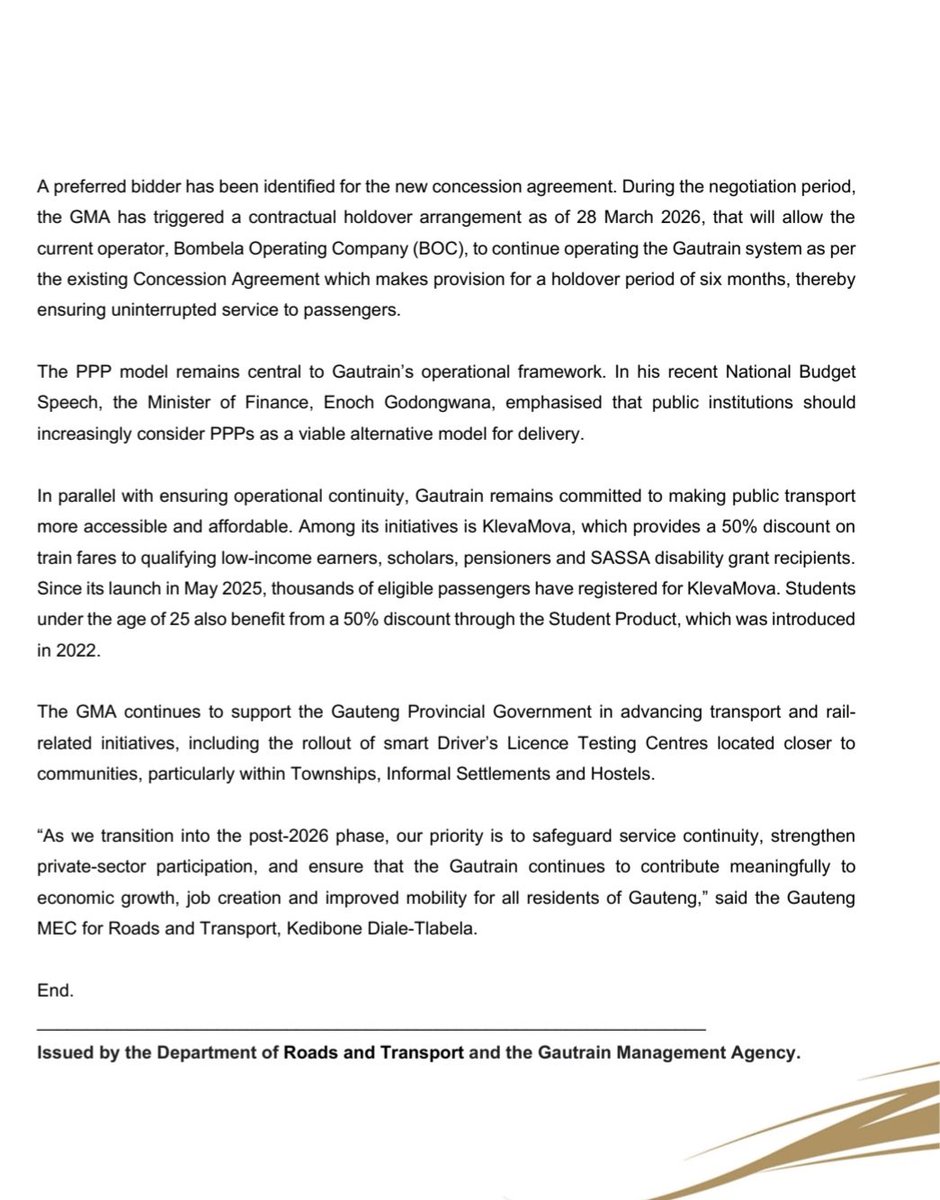 📢📢📢Media Release📢📢📢: 

#PublicTransport. The Gautrain will continue operating under a Public–Private Partnership (PPP) beyond 2026.

As the current concession agreement approaches its conclusion, the PPP is at an advanced stage of negotiations to ensure the continued