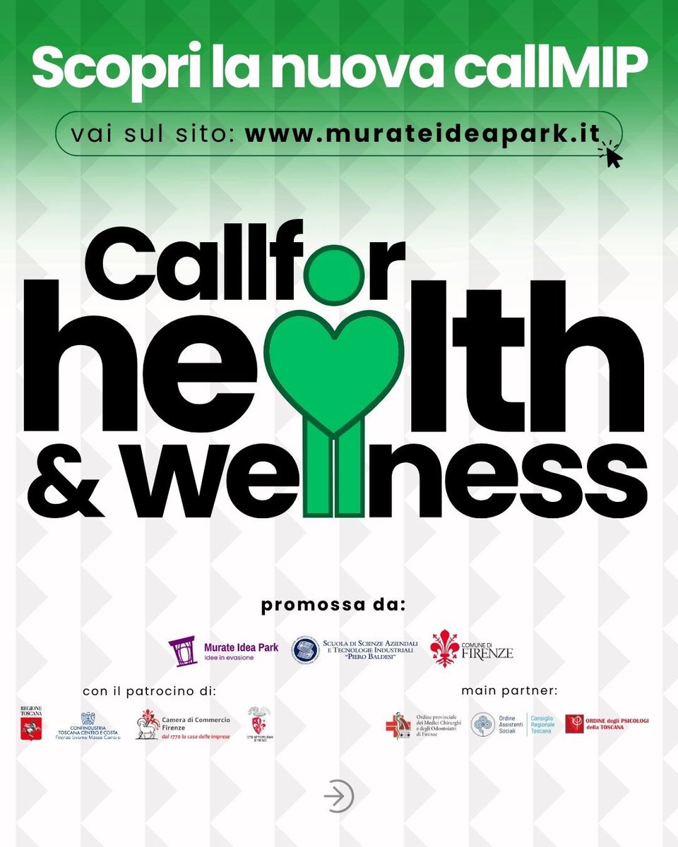 comunefi's tweet photo. Call idee innovative per migliorare salute e benessere aperta a aspiranti imprenditori e startupper: fino al 15 marzo si può partecipare alla CALLforHEALTH&WELLNESS
👉 info e iscrizioni:
https://t.co/ed8WJ1ZkDC
@murateideapark #CALLforHEALTHWELLNESS #CallforIdeas #Firenze https://t.co/yjSg3gte1M