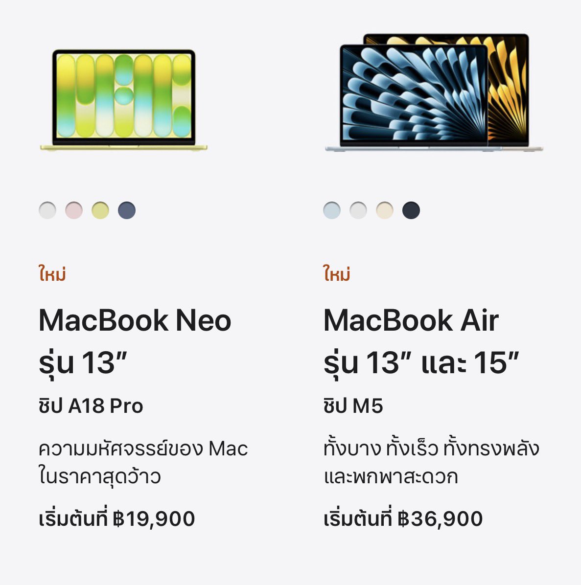 แก ฟังพี่นะ….
ถ้างบจำกัดจริง ๆ
เอา Mac ใช้งานทั่วไป MacBook Neo เอา 512GB เลย 22,900 บาท 
เพราะ 256GB อาจจะอึดอัดหน่อย
และไม่มี Touch ID แบบ 512GB📍

แต่ๆๆๆๆๆๆ
ถ้าเอาคุ้มค่าคุ้มราคาที่สุด สเปกโหด
ใช้จนเรียนจบ แต่งงาน มีลูก ลูกบวช 
ไป MacBook Air M5 ได้เลยครับ😭💻

#AppleLaunch