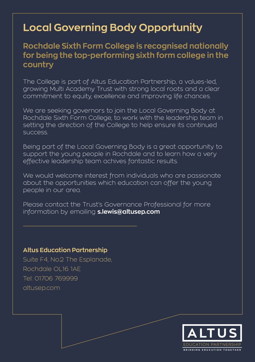 AltusEducation's tweet photo. A rare, exciting and rewarding opportunity has arisen at @RochdaleSFC for Governors to join the Local Governing Body. Please see below for information and contact Sharon Lewis if you are interested and would like to discuss this further: s.lewis@altusep.com https://t.co/Zax4Lmxe0y