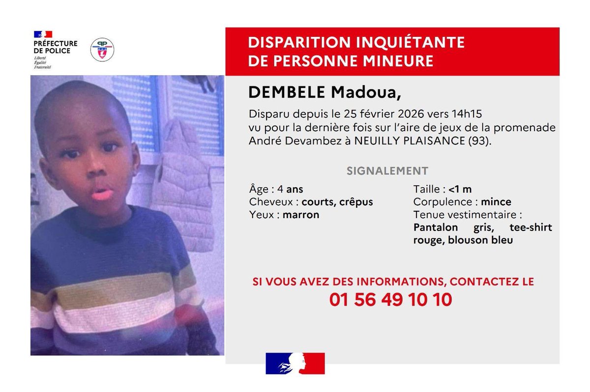 🔴 DIRECT - #NeuillyPlaisance : Madoua est toujours porté disparu.

👉 Âgé de 3 ans, il n’a plus donné signe de vie depuis le 25 février dernier. Un rassemblement est prévu ce soir à 20 h, suivi d’une battue organisée par des volontaires. (X) #SeineSaintDenis