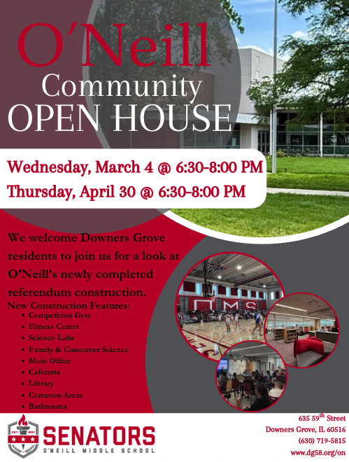 DGDistrict58's tweet image. All community residents are welcome to come see our “new” O’Neill Middle School TONIGHT, March 4th from 6:30–8:00 PM!  Invite your neighbors and explore the updated spaces made possible through our community’s support. We hope you can join us! #dg58pride #CommunityOpenHouse,