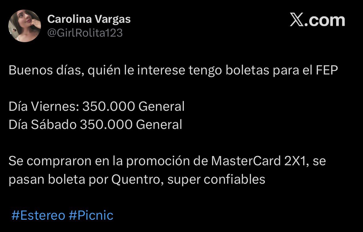 EstafaBoletas's tweet image. El que caiga todavía con esta babosa que tiene mil cambios de nombre y aparte ofrece precios ridículos ya es que se pasa de imbécil, la verdad sea dicha.

#FEP #Estereo #Picnic #Rufus #Medellin #Bogota #Boleta