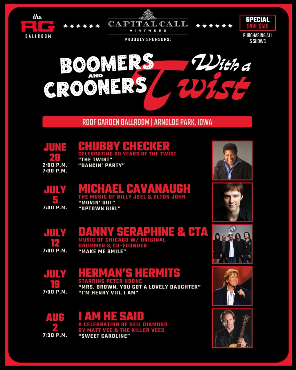 Grab all 5 Boomers and Crooners shows together and save $50!

It's time to have a Boomers and Crooners Summer!

Get the deal: roofgardenballroom.com/event/boomers-…