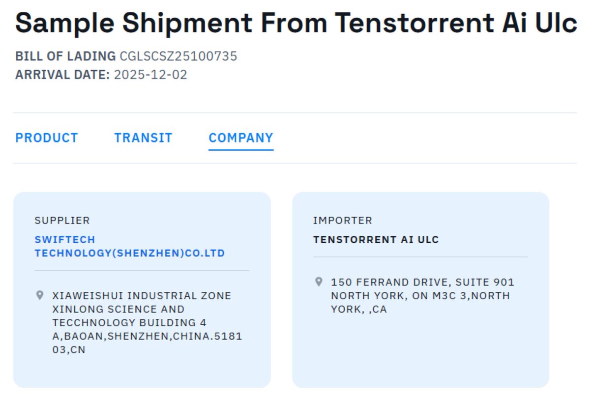 FWIW, $RCHN shipped ~8.3 tons of computing components to Tenstorrent AI in Nov-Dec 2025.