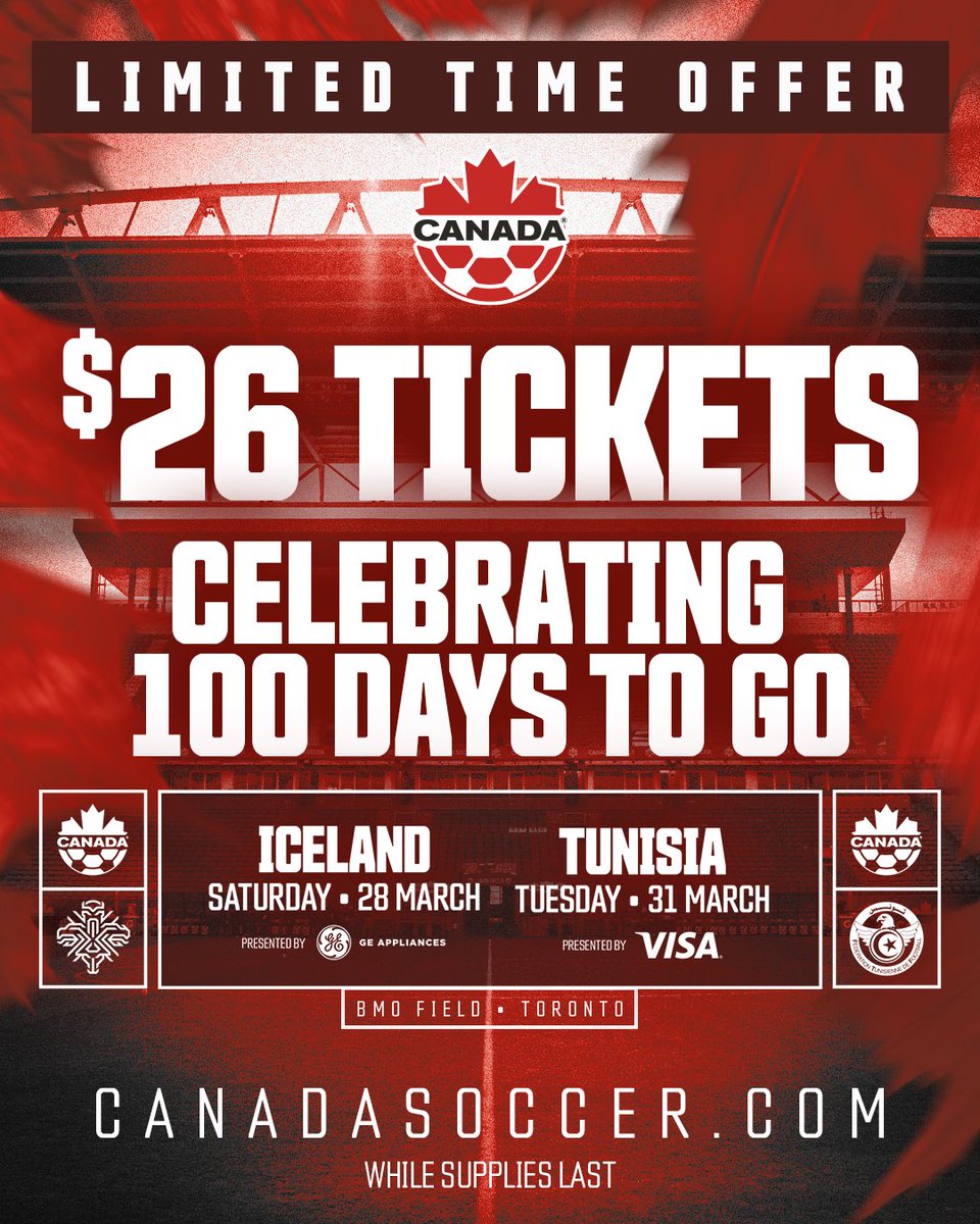 $26 in ‘26?

It’s 100 days until our World Cup opener, and to celebrate, we’re launching $26 tickets in March for #CANMNT🇨🇦 vs. 🇮🇸 and 🇹🇳 in Toronto!

Act quick! This is a limited offer ⌛️

🇨🇦v.🇮🇸: ticketmaster.ca/event/10006435…

🇨🇦v.🇹🇳: ticketmaster.ca/event/10006435…