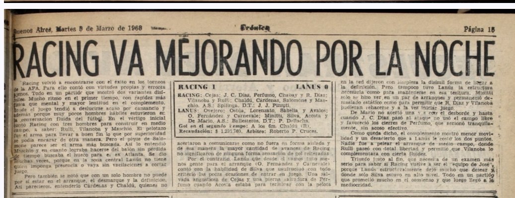 🗓 El 4 de marzo de 1968, <a href="/RacingClub/">Racing Club</a> le ganó 1 - 0 a <a href="/clublanus/">Club Lanús</a> en condición de local, con gol de Chaldu (Fecha 1 de Campeonato Metropolitano)
<a href="/768903/">Xardain⭐⭐⭐</a> <a href="/carlosakd53/">Carlos Gonzalez</a> <a href="/litotrabes/">LITO TRABES</a> <a href="/sergiocareca7/">sergio luccisano</a> <a href="/ReySerWal/">Sergio W. Aguirre</a> <a href="/albertogiacumbo/">alberto giacumbo</a> <a href="/1903Academia/">1903Academia 4️⃣1️⃣⭐️</a> <a href="/GiulianiDario73/">Dario</a> <a href="/GalloPipino/">El Puma Metal 🤘🤘🤘☠️☠️☠️</a> <a href="/BrunoTonelli10/">Bruno Tonelli 🎓</a>