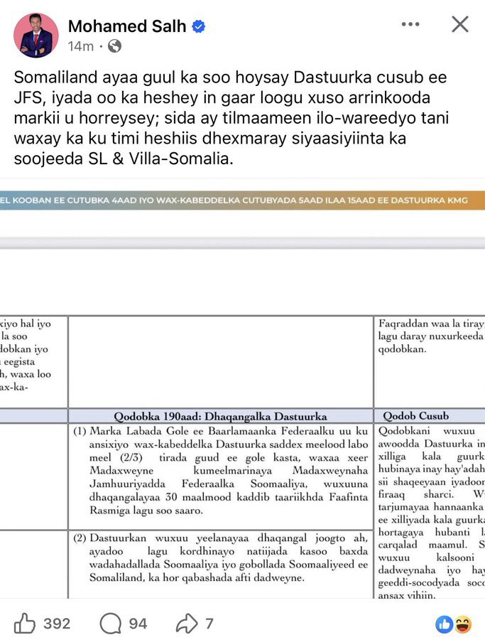 Congratulations to the Members of Parliament from Somaliland who represent Somalia 💯💯

Somaliland has achieved a success in the new Federal Government of Somalia Constitution, as it has secured, for the first time, a special mention regarding its issue. According to sources,