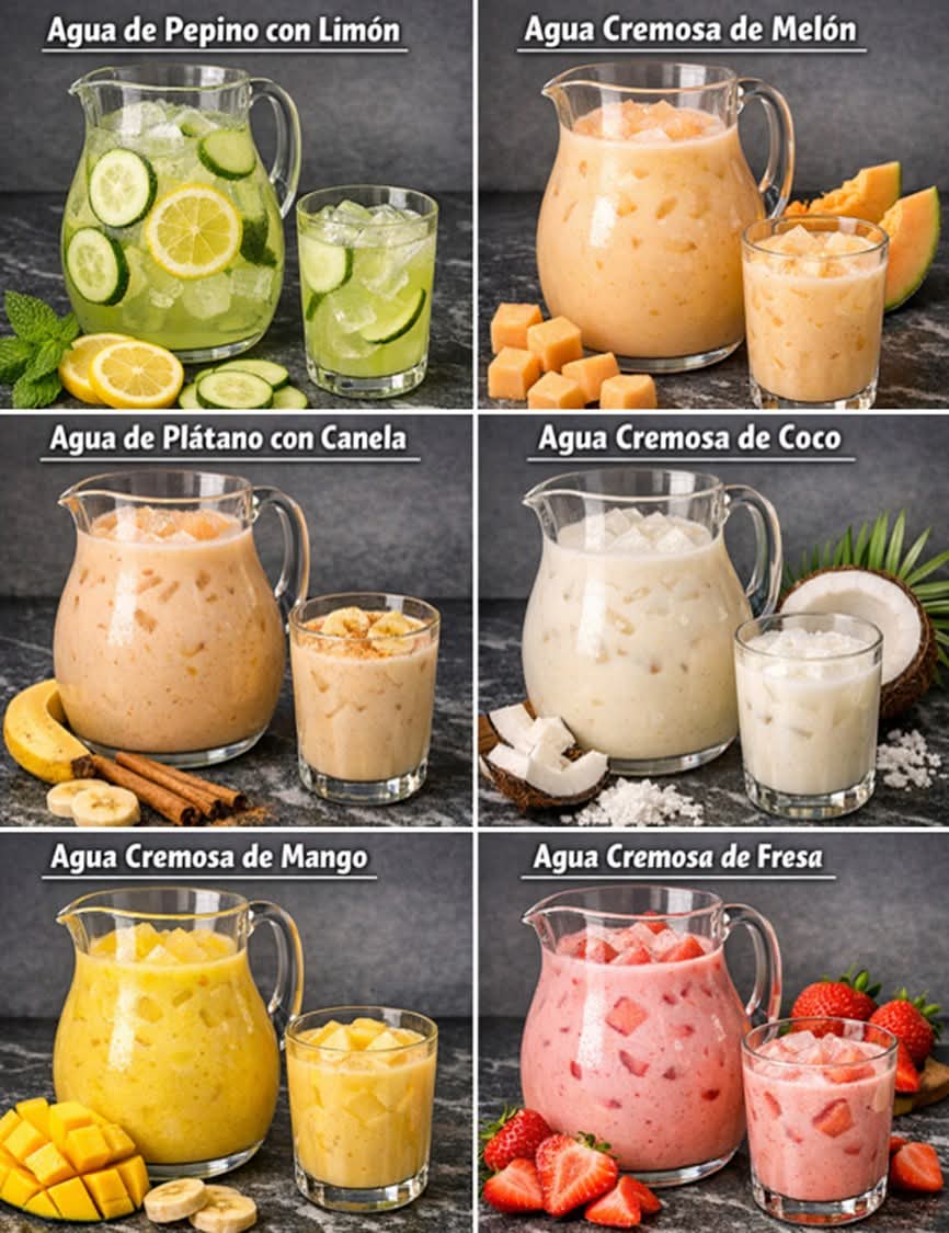 6 Recetas Deliciosas de Aguas Frescas y Cremosas
✔️Agua de pepino con limón! Deliciosa y refrescante
Ingredientes:
1 pepino grande
2 limones (jugo)
1 litro de agua
Stevia
Hielo
........
✔️Agua cremosa de melón! fácil y deliciosa
Ingredientes:
2 tazas de melón en cubos
1 taza