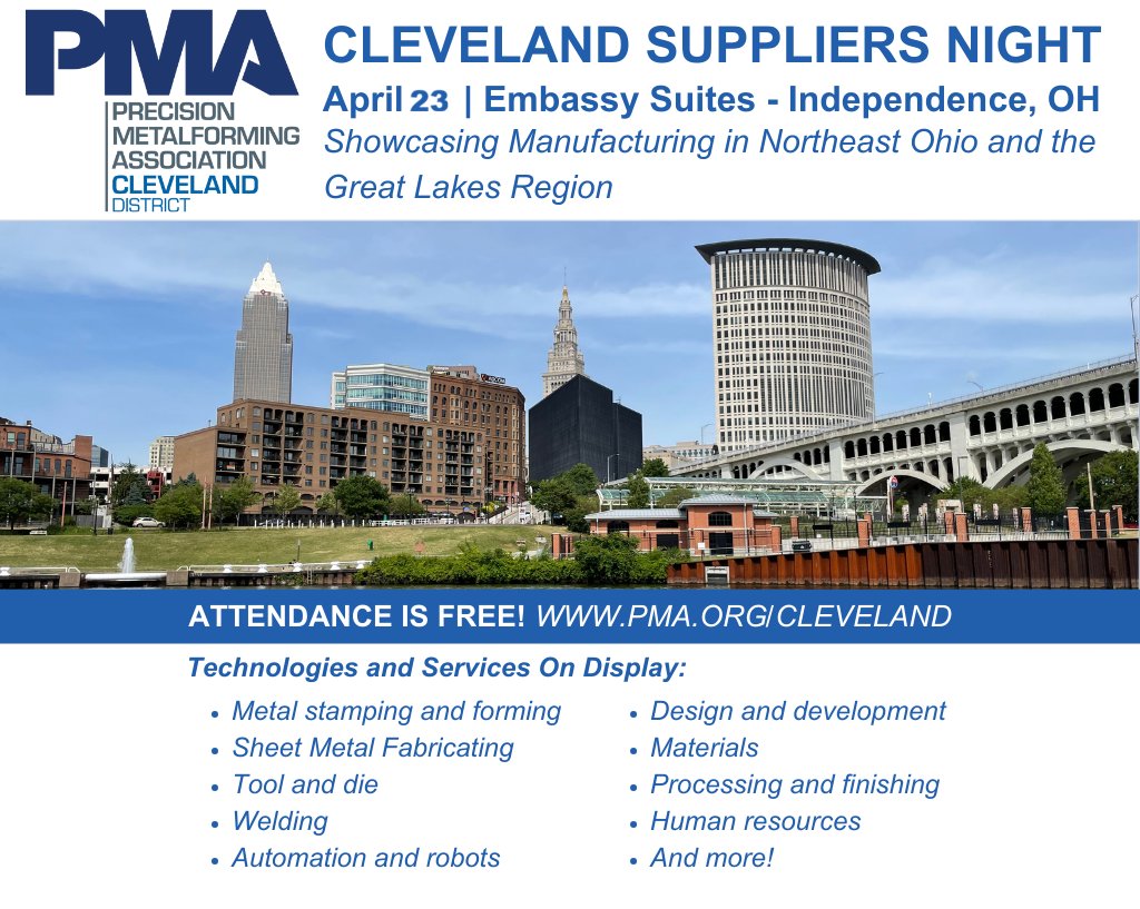 pascalenginc's tweet photo. Pascal will be attending the PMA Cleveland Suppliers Night to showcase our Quick Die Change products on April 23, 2026. The event is located at the Embassy Suites in Independence Ohio.

Attendance is free! Event runs from 4-8 p.m.

https://t.co/FnYku0F0Ry

#manufacturing #event https://t.co/J3e4lzpGmE